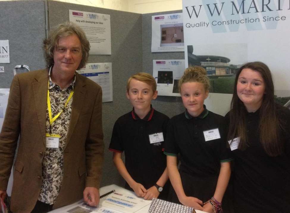 TV presenter James May with Sandwich Tech pupils Joe Griffiths, Lauren Kemp and Kaitlan Hopper.