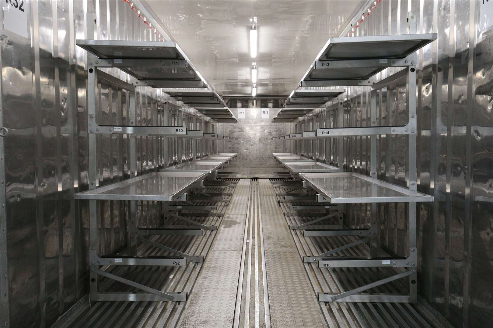 Inside one of the storage units at the overflow mortuary at Breakspear Crematorium in Ruislip (Jonathan Brady/PA)