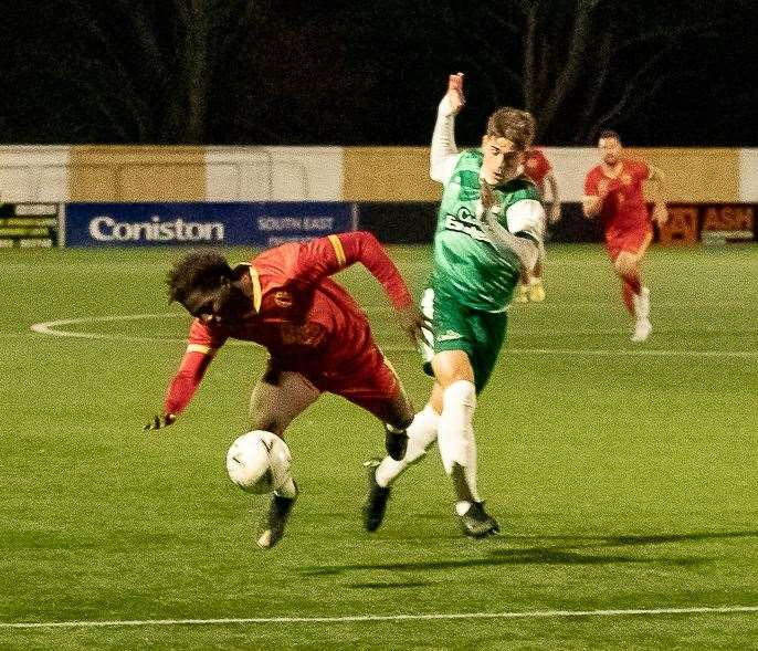 Jayden Wilcott-Brown is brought down for Whitstable - Dean Grant found himself in a similar situation to the Dover loanee midfielder many years ago. Picture: Les Biggs