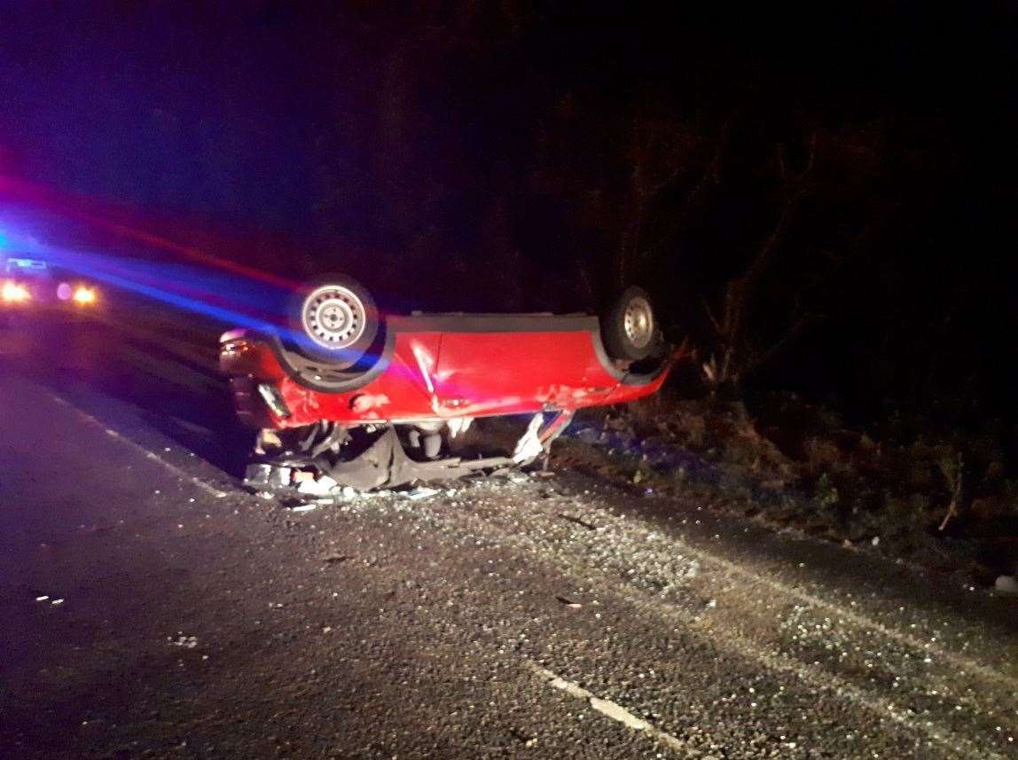 The car on its roof after crash in Stone Street. Credit: Kent Police Ashford (8312967)