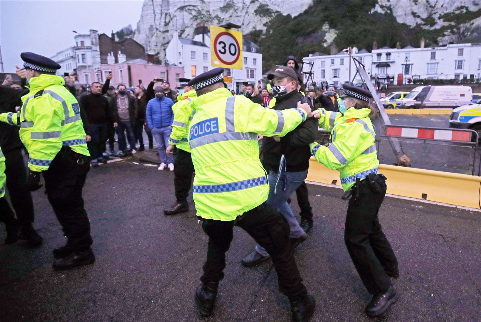 Police hold back drivers trying to enter the Port of Dover in Kent. Picture: PA