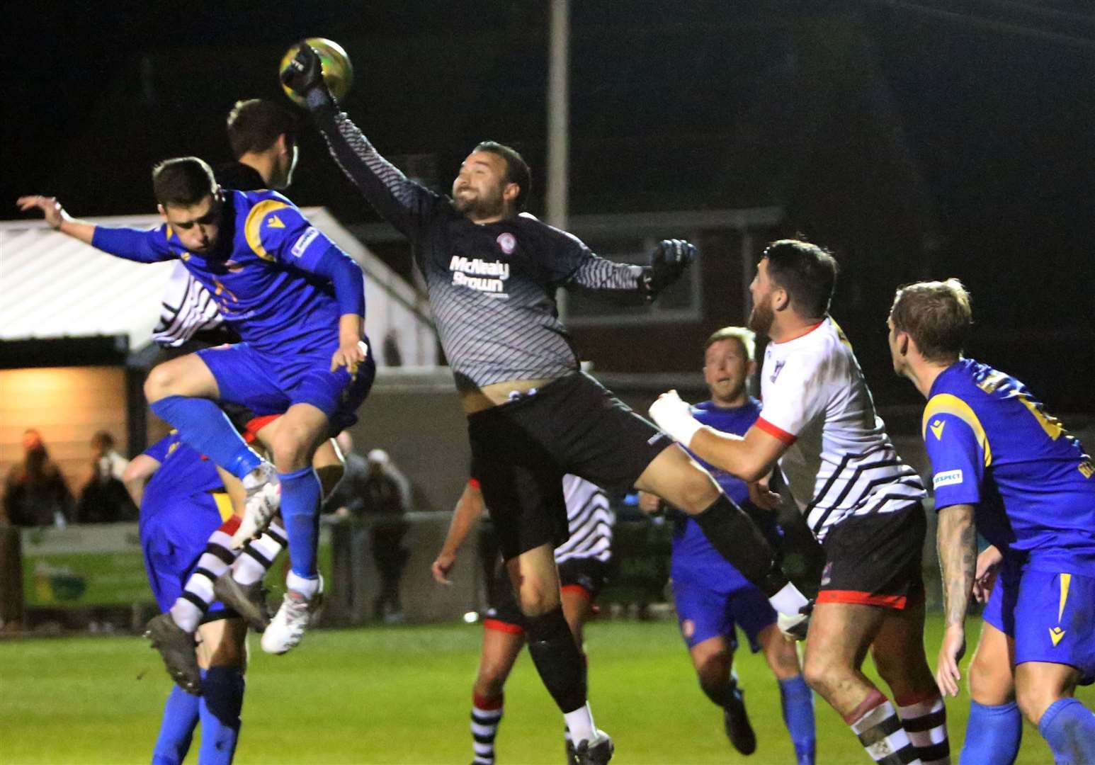 Hollands & Blair goalkeeper Dan Ellis at full stretch. Picture: Paul Willmott