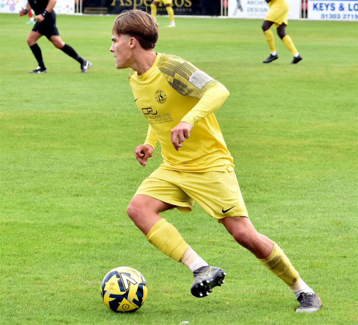 Harry Brown was one of three players replaced during the first half of Herne Bay’s FA Trophy defeat to Leatherhead last weekend. Picture: Randolph File