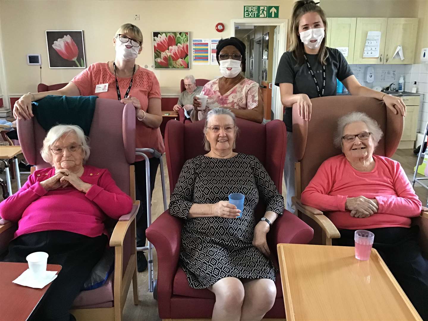 Staff members Christine, Rosaline and Emma and Edward Moore residents Nora Walker, Beryl Hawkes and Edna Smallwood