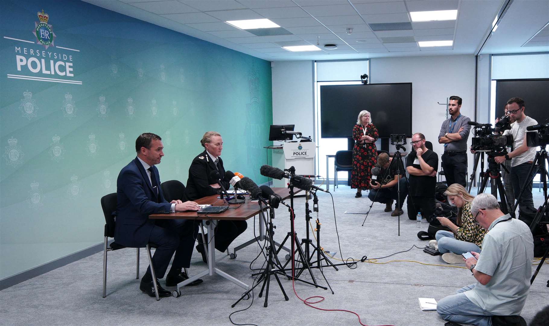 Detective Chief Superintendent Mark Kameen and Chief Constable Serena Kennedy from Merseyside Police speak to the media at force headquarters in Rose Hill (Peter Byrne/PA)