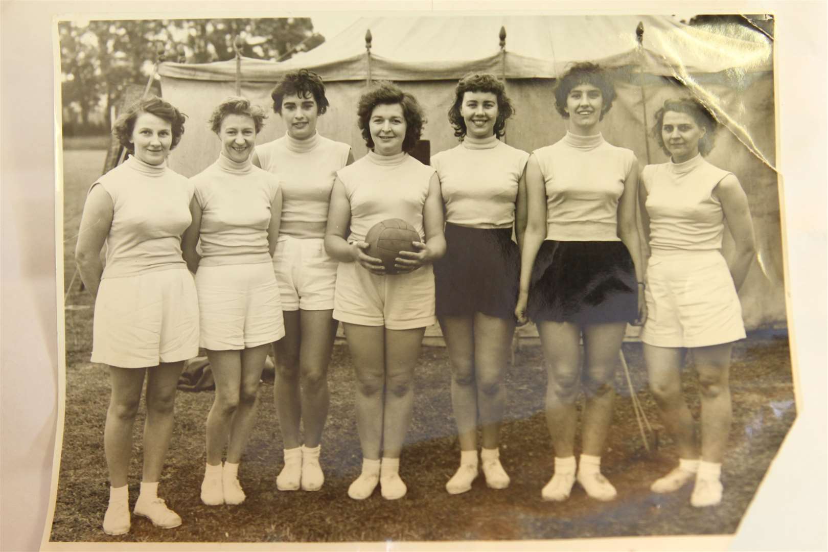 Pam Woolmer seen in this photograph front centre (holding the ball with the Borstal Ladies team, taken about 1956. From left: Margery Turner, Dorothy Dinnie, Sheila (surname unknown), Pam Woolmer, next two names unknown, Daphne Rowley. This was one of many photos in Pam's collection
