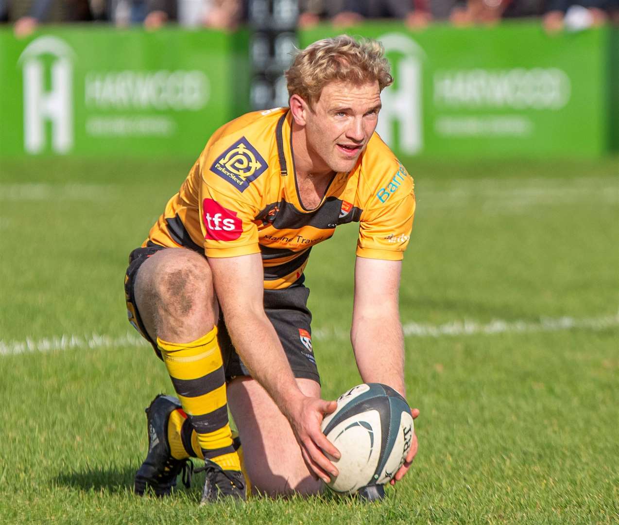 Frank Reynolds prepares to kick from the tee for Canterbury against Westcombe Park as his 29-point performance leads the city club to a 39-22 victory. Picture: Phillipa Hilton