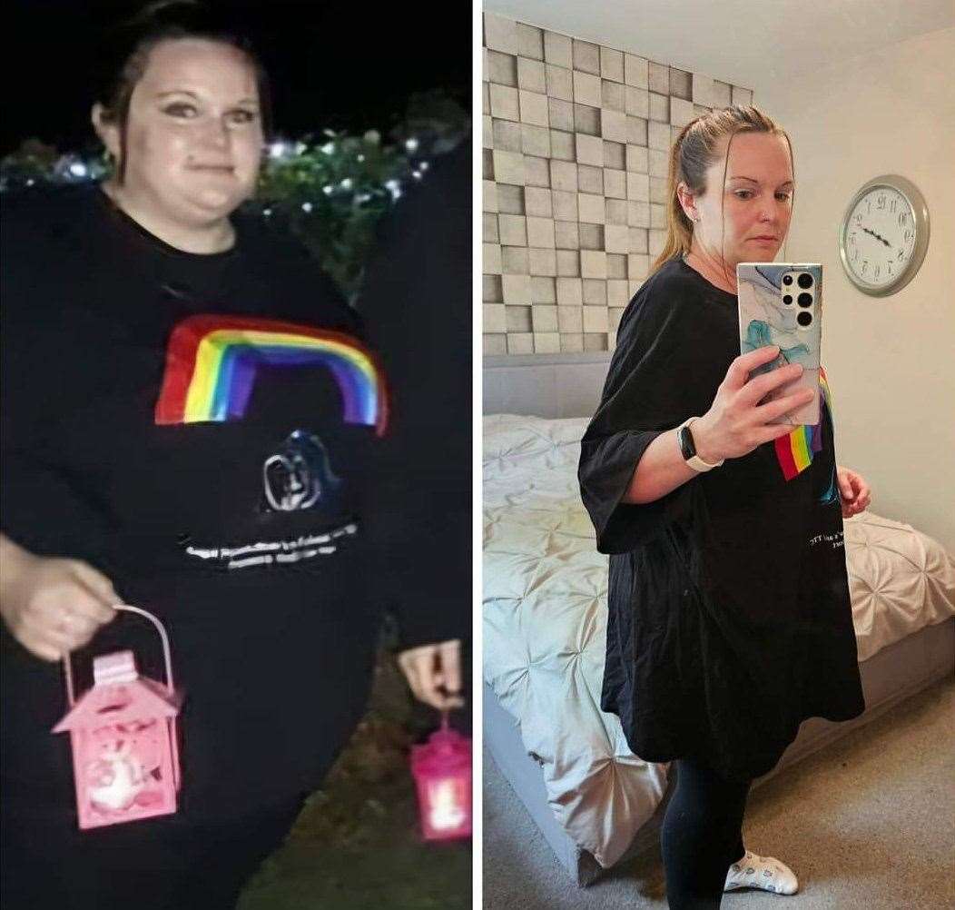 Sally Martin in the same outfit before and after her weight loss. Picture: SWNS