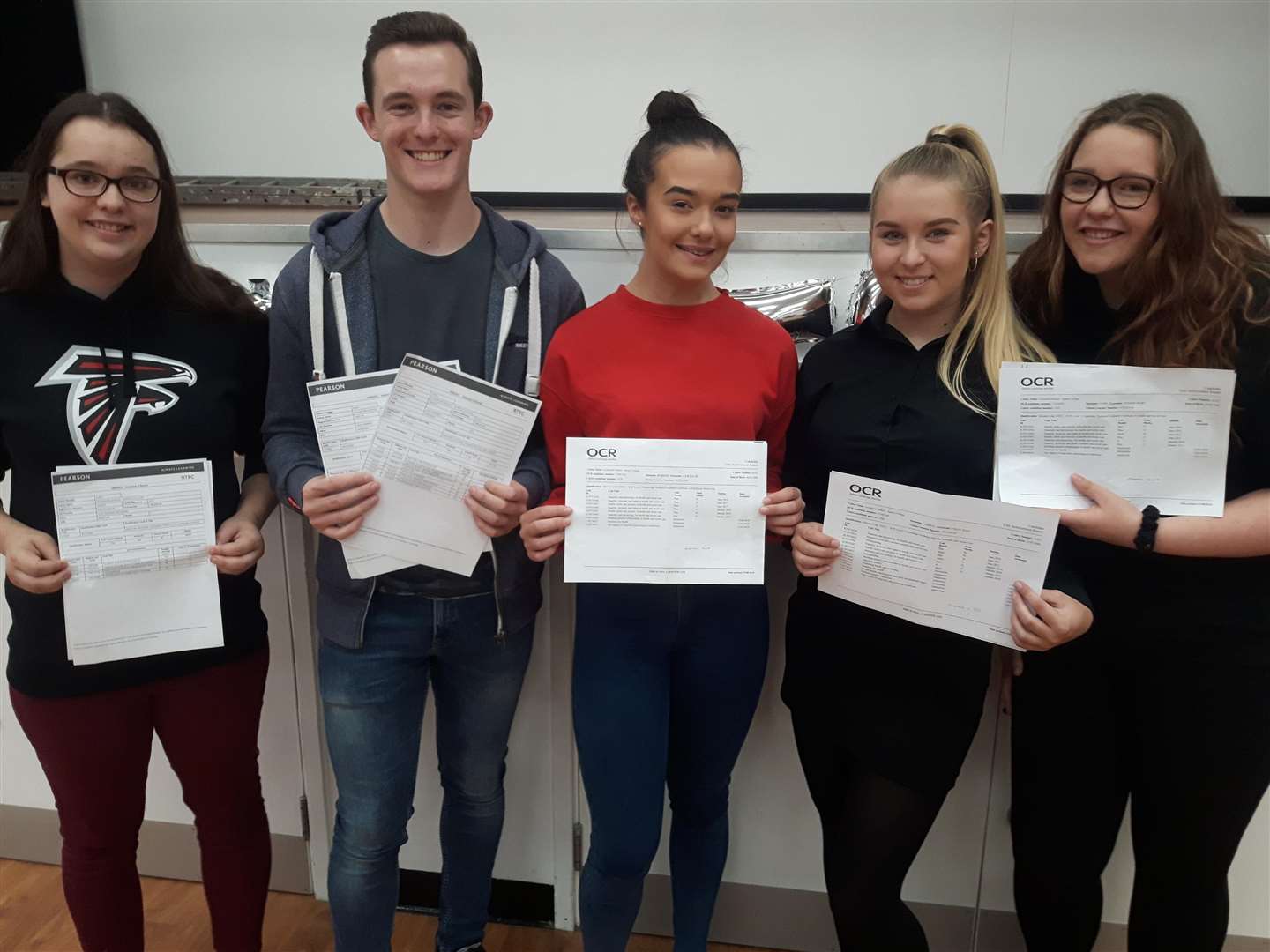 Lucy Boorman, Jack Perman, Kiera Robbins, Chloe Jarrett and Phoebe Lowe with the their clutch of diplomas at Aylesford School (3636091)