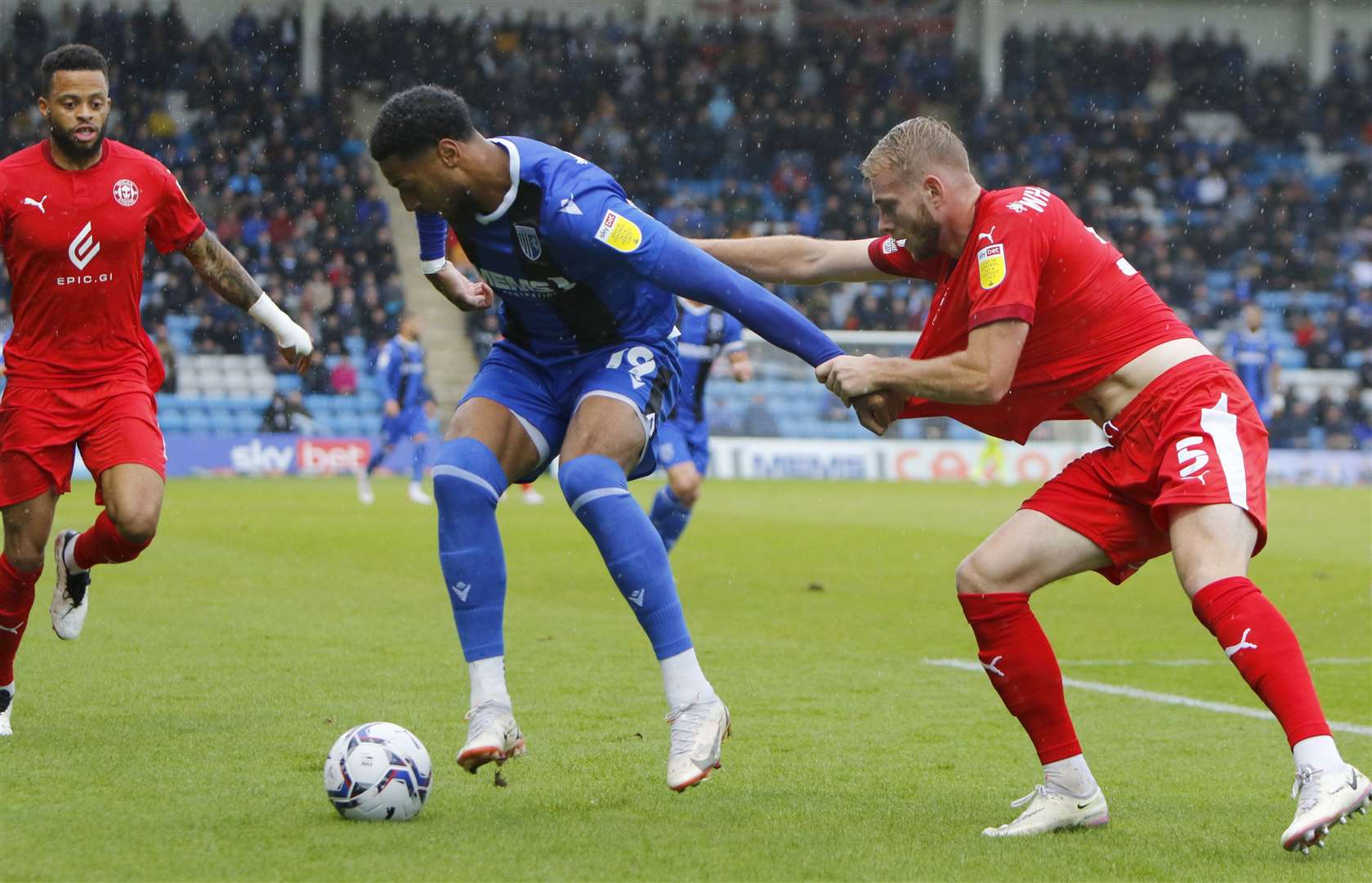 Vadaine Oliver gets to grips with the Wigan defence. Picture: Andy Jones