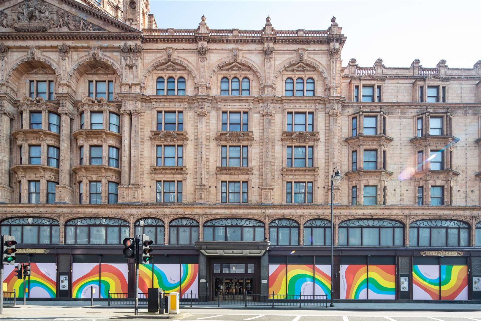 Famous London department store Harrods has turned the entire length of its window display into a giant rainbow (Aaron Chown/PA)