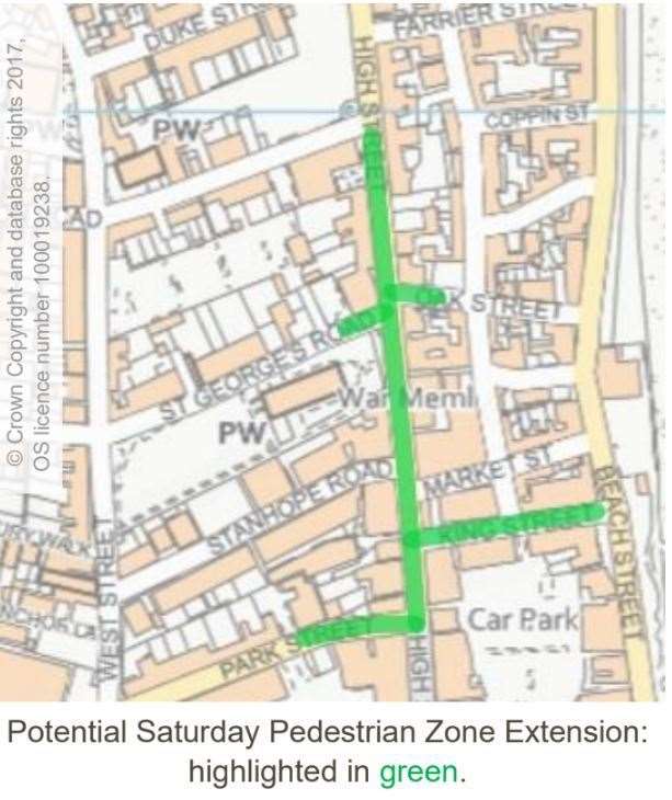 The proposed pedestrian zone is highlighted in green Picture: Crown Copyright and databas rights 2017
