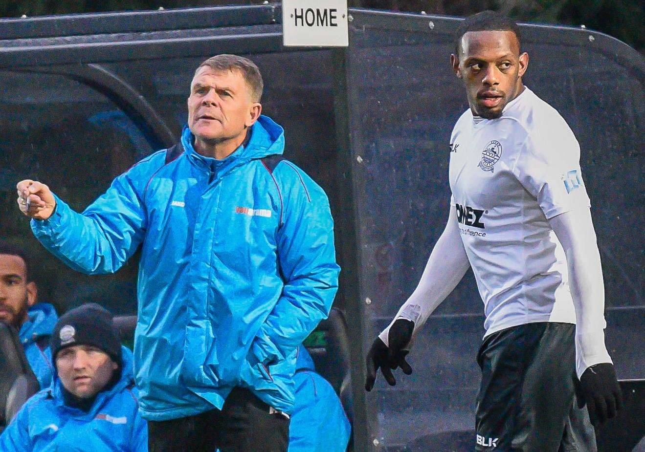 Dover boss Andy Hessenthaler issues some instructions with Anthony Jeffrey in close attendance Picture: Alan Langley