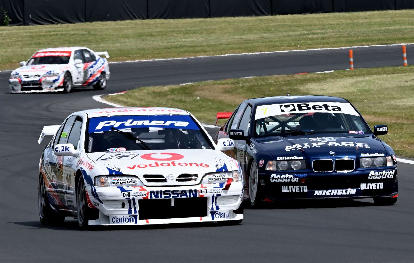 Hill, piloting the ex-Laurent Aiello Nissan Primera, enjoyed a close battle with tin-top favourite Steve Soper in the first Super Touring race on Saturday. Picture: Simon Hildrew