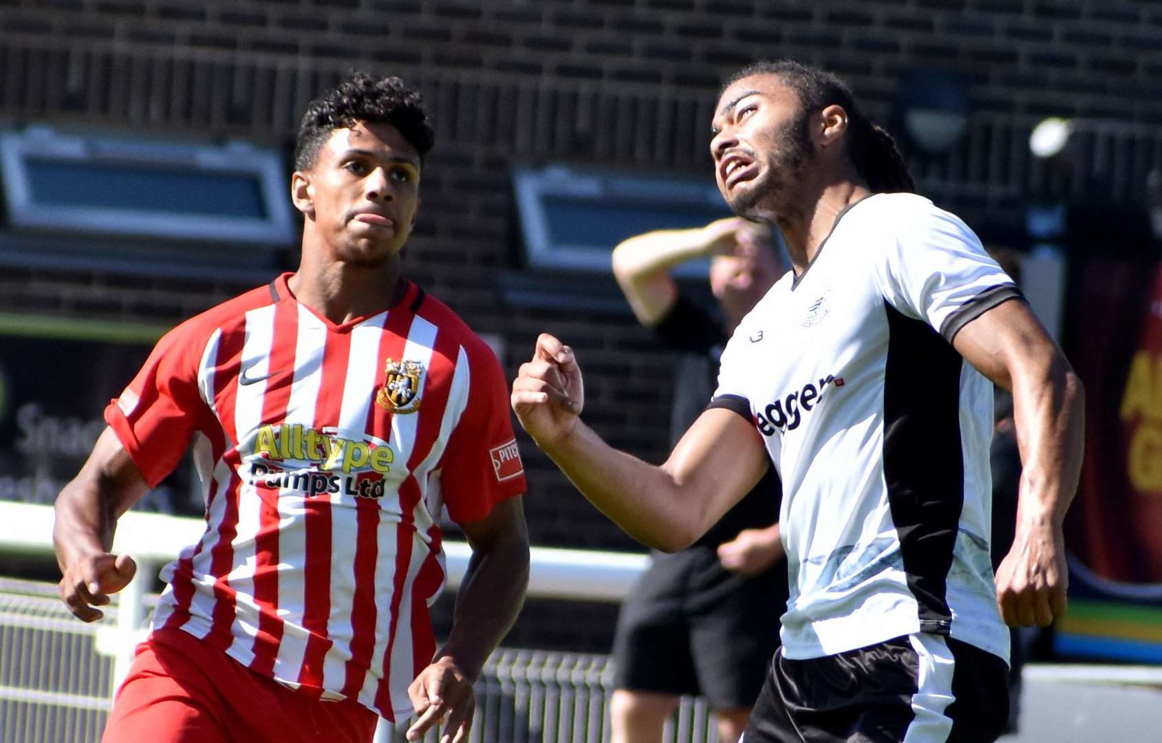 Wideman Jordan Ababio, left – bagged a brace, his first competitive goals of the season, in Folkestone’s weekend FA Cup win. Picture: Randolph File