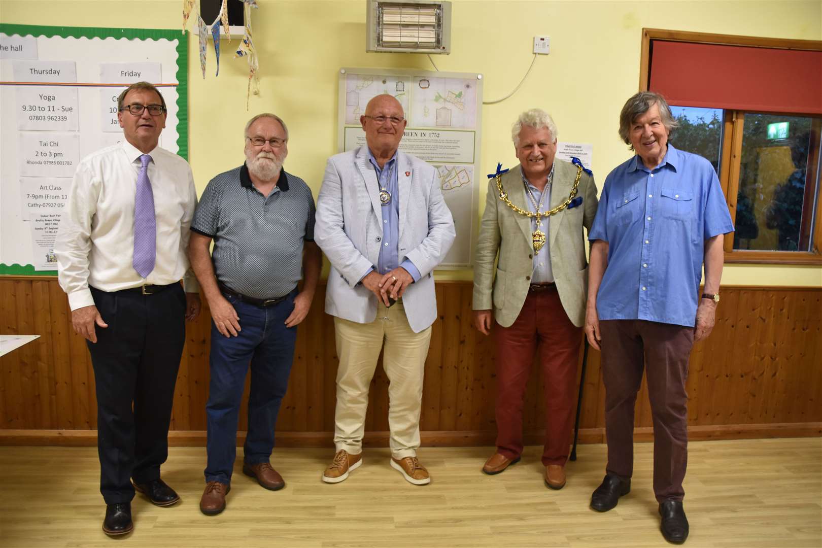 Jon Thompson the chairman of Grafty Green Village Hall, Mike Hitchins who unveiled the map, deputy mayor Cllr Martin Round, Maidstone mayor Cllr John Perry Mayor and the map's creator Tom La Dell