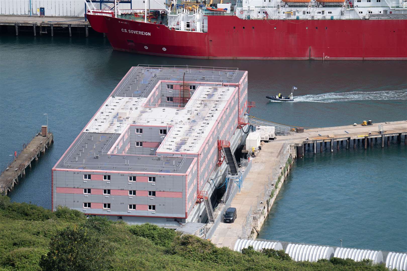 The Bibby Stockholm accommodation barge is moored at Portland Port in Dorset (James Manning/PA)