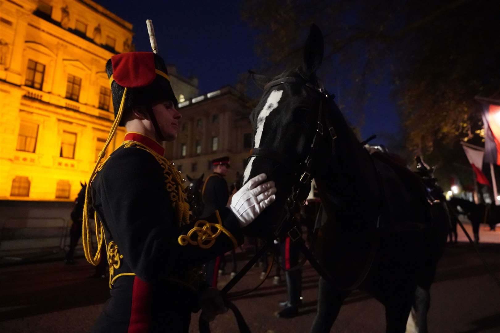 A night time rehearsal in central London for the coronation of King Charles III, which will take place this weekend (James Manning/PA)