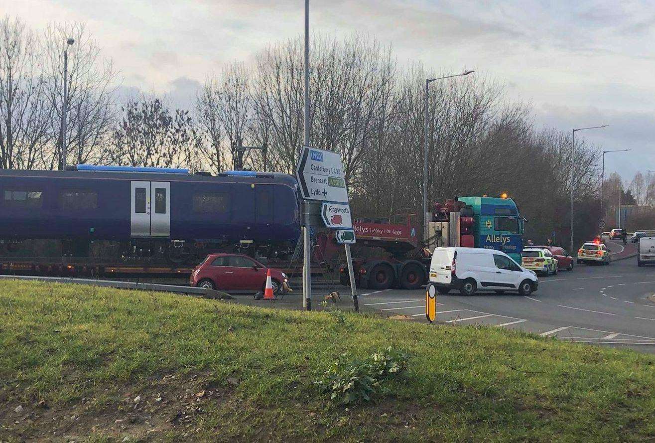 A transporter carrying a train was involved