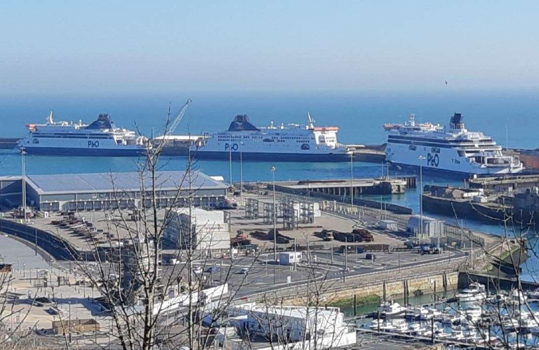 Three P&O ships docked in Dover in March when all its cross-Channel sailings were suspended after the dismissals of nearly 800 staff. Picture: KMG