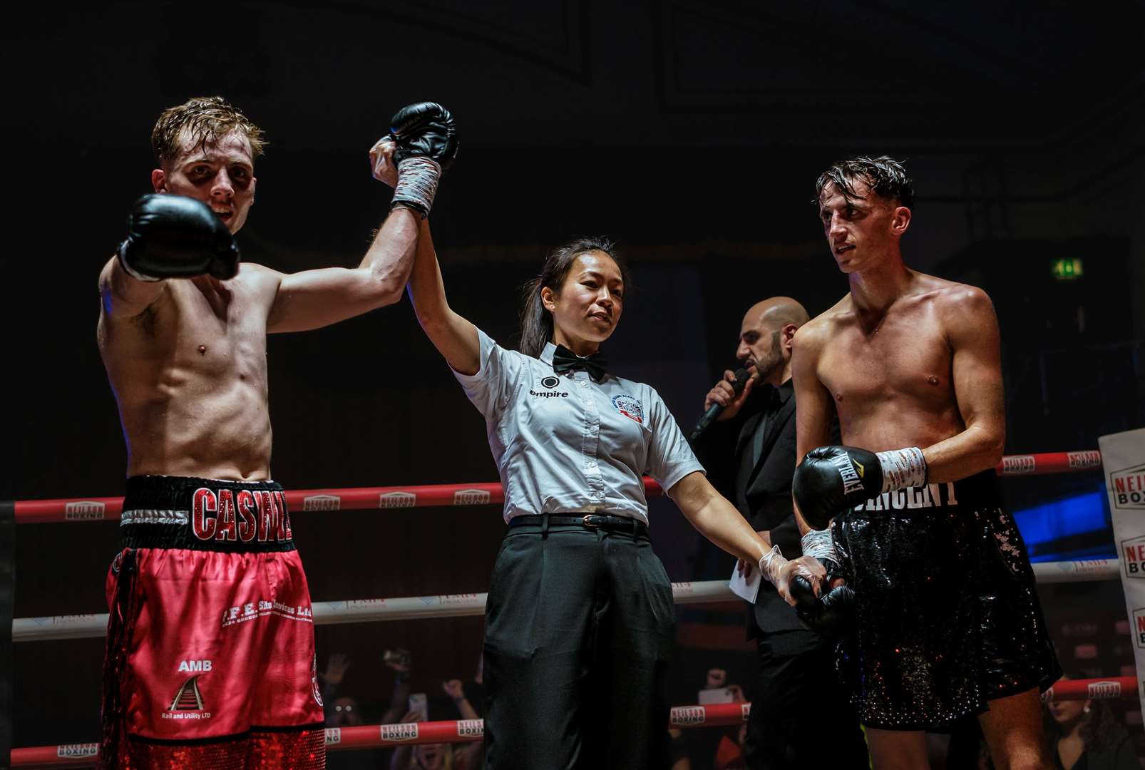 Robert Caswell has his arm raised after a dominant win over Kasey Bradnum Picture: BoxingTunes