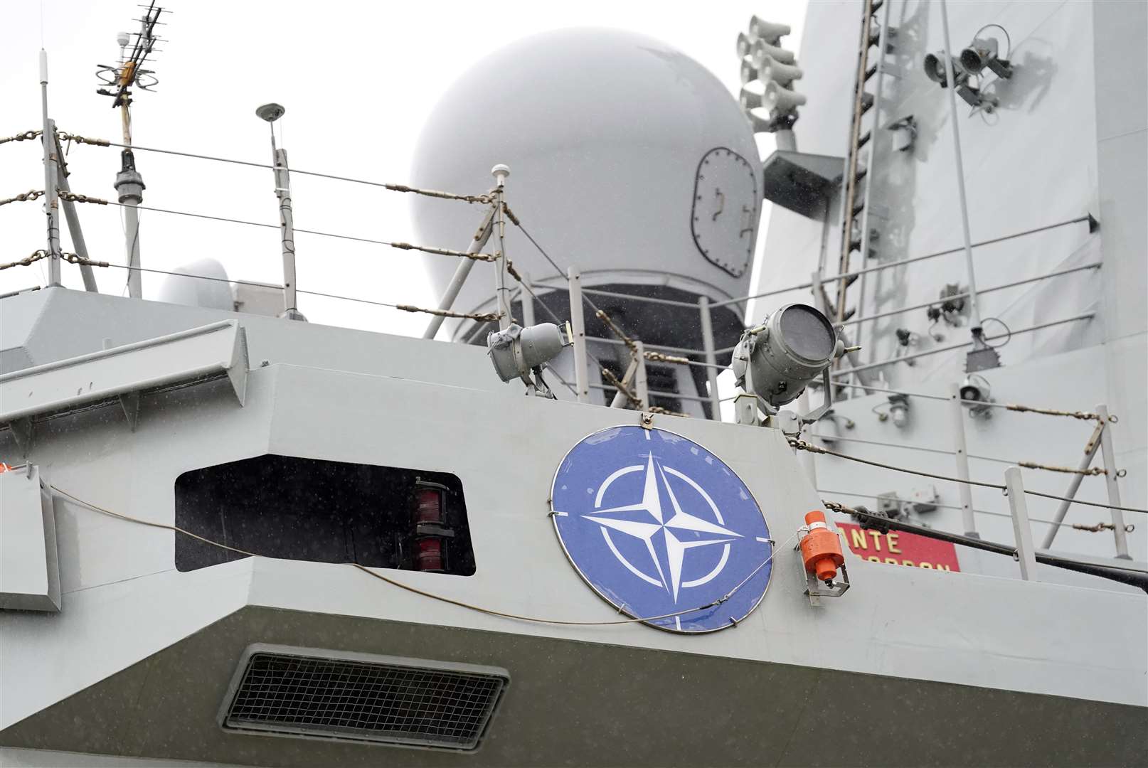 A view of the Nato emblem on the side of the ESPS Almirante Juan de Borbon berthed at the Port of Southampton (Andrew Matthews/PA)