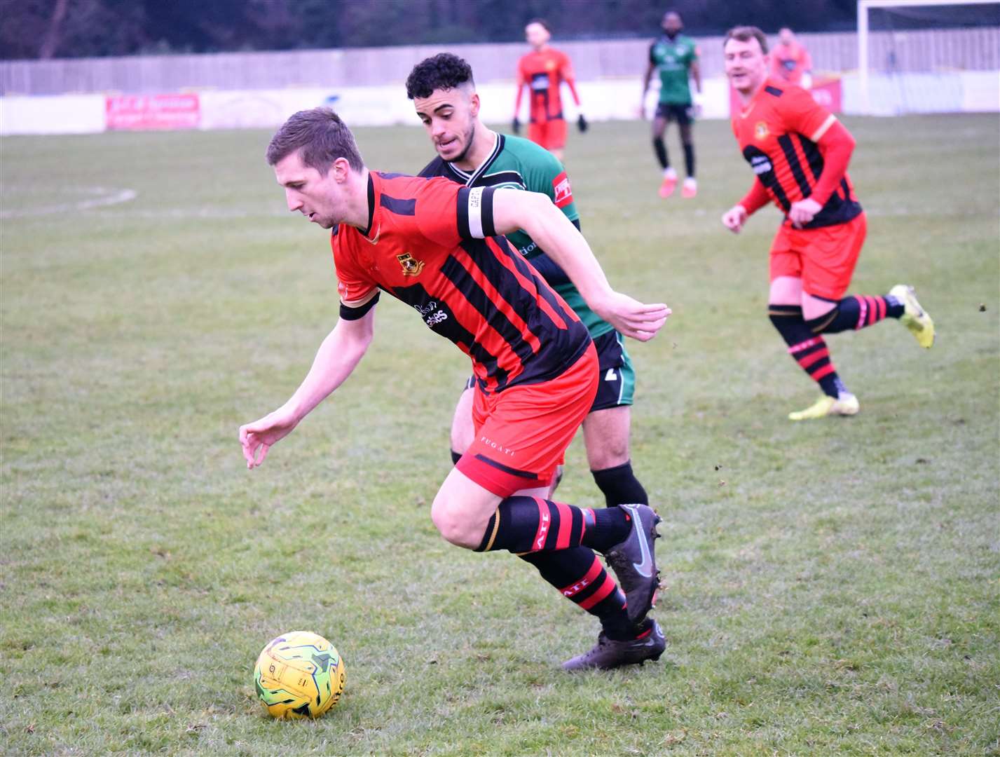 Sittingbourne captain Kane Rowland on the ball in the defeat at Phoenix Picture: Ken Medwyn