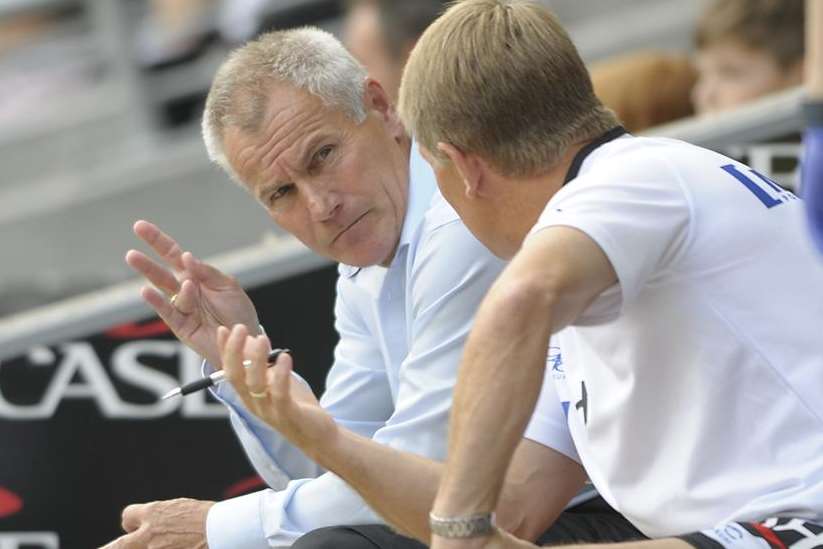 Peter Taylor, pictured with assistant boss Andy Hessenthaler, was disappointed with Gillingham's defensive display at MK Dons Picture: Barry Goodwin