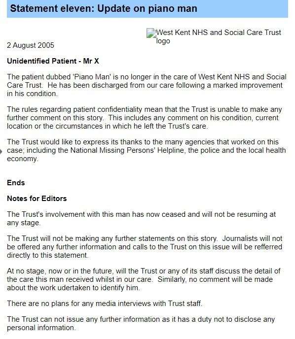 Final statement about 'piano man' Andreas Grassl by West Kent NHS and Social Care Trust