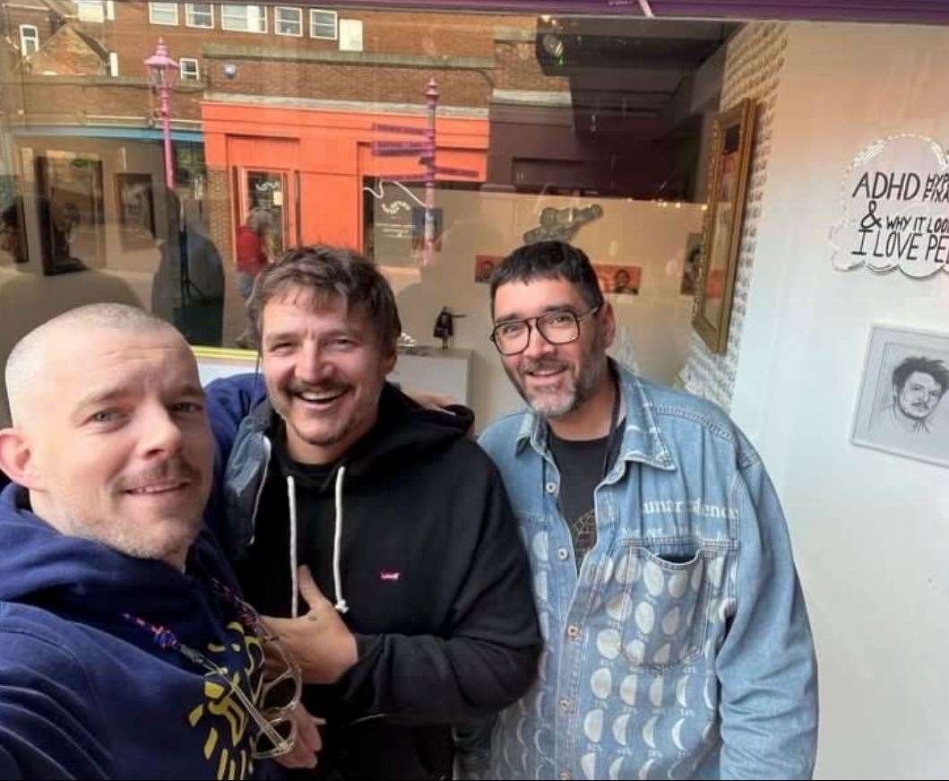 Pascal smiling for a selfie alongside Robert Diament, right- a well-known gallery director who lives in the town – and actor Russell Tovey. Picture: Robert Diament