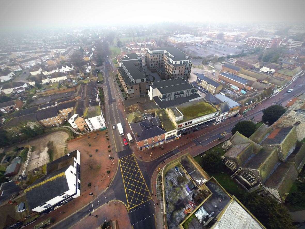 An aerial artist's impression of the plans for the former Bell Centre in Sittingbourne. Picture: Aria Group