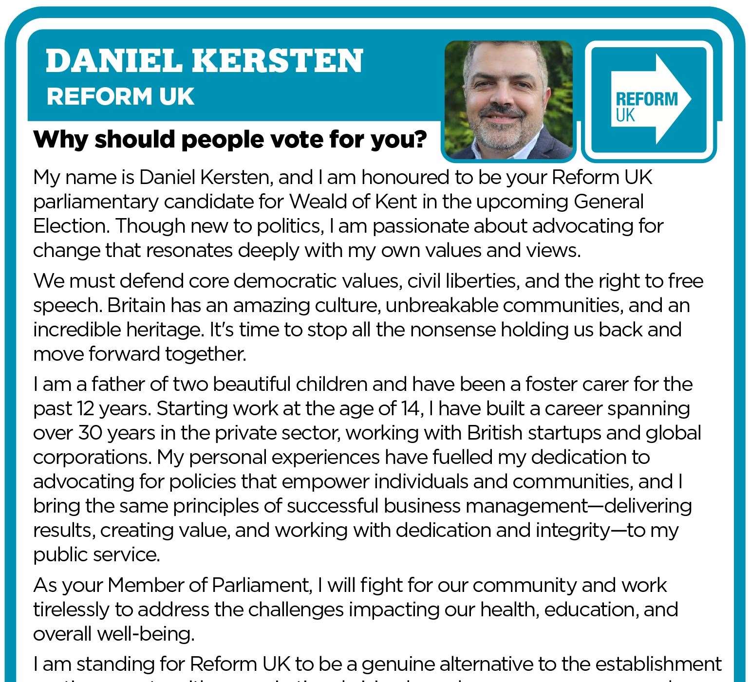 Personal profile of Daniel Kersten of the Reform UK party at the 2024 general election