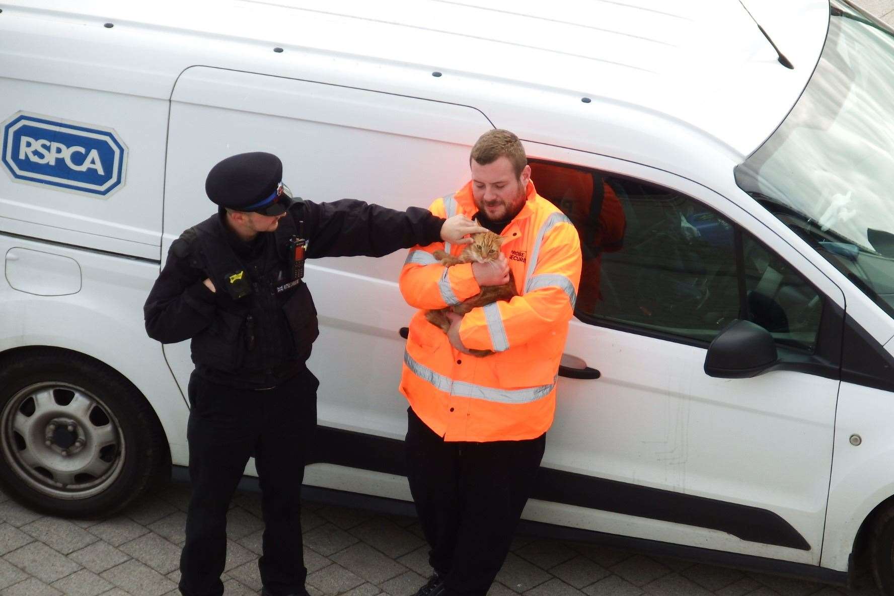 The cat in the arms of a rescuer in Ramsgate. Picture: Mike Pett