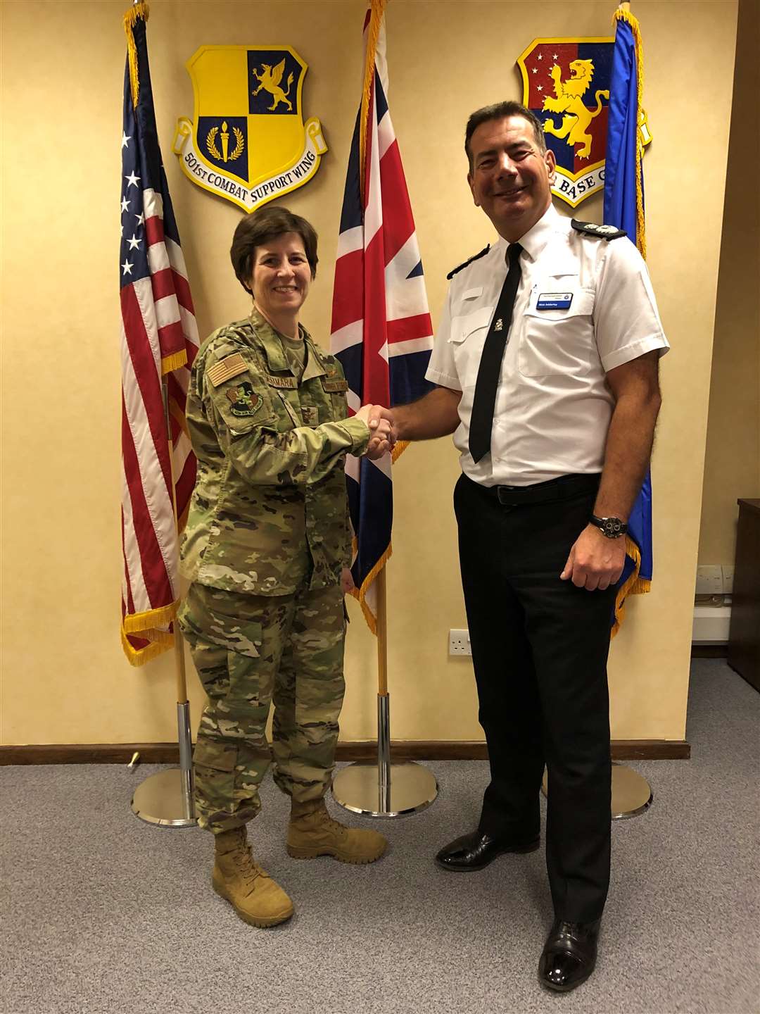 RAF Croughton’s base commander Colonel Bridget McNamara with the Chief Constable of Northamptonshire Police Nick Adderley (Northamptonshire Police/PA)