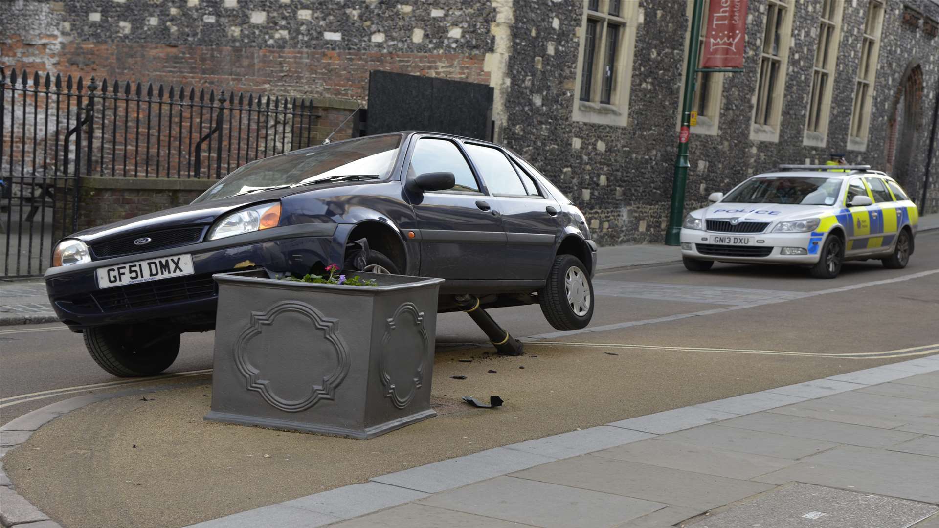 The Ford Fiesta hit a plant pot. Picture: Ruth Cuerden