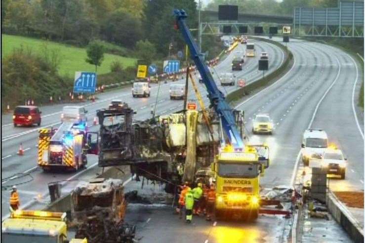 A Tesco HGV caught on fire on the M25 near Sevenoaks. Picture: National Highways