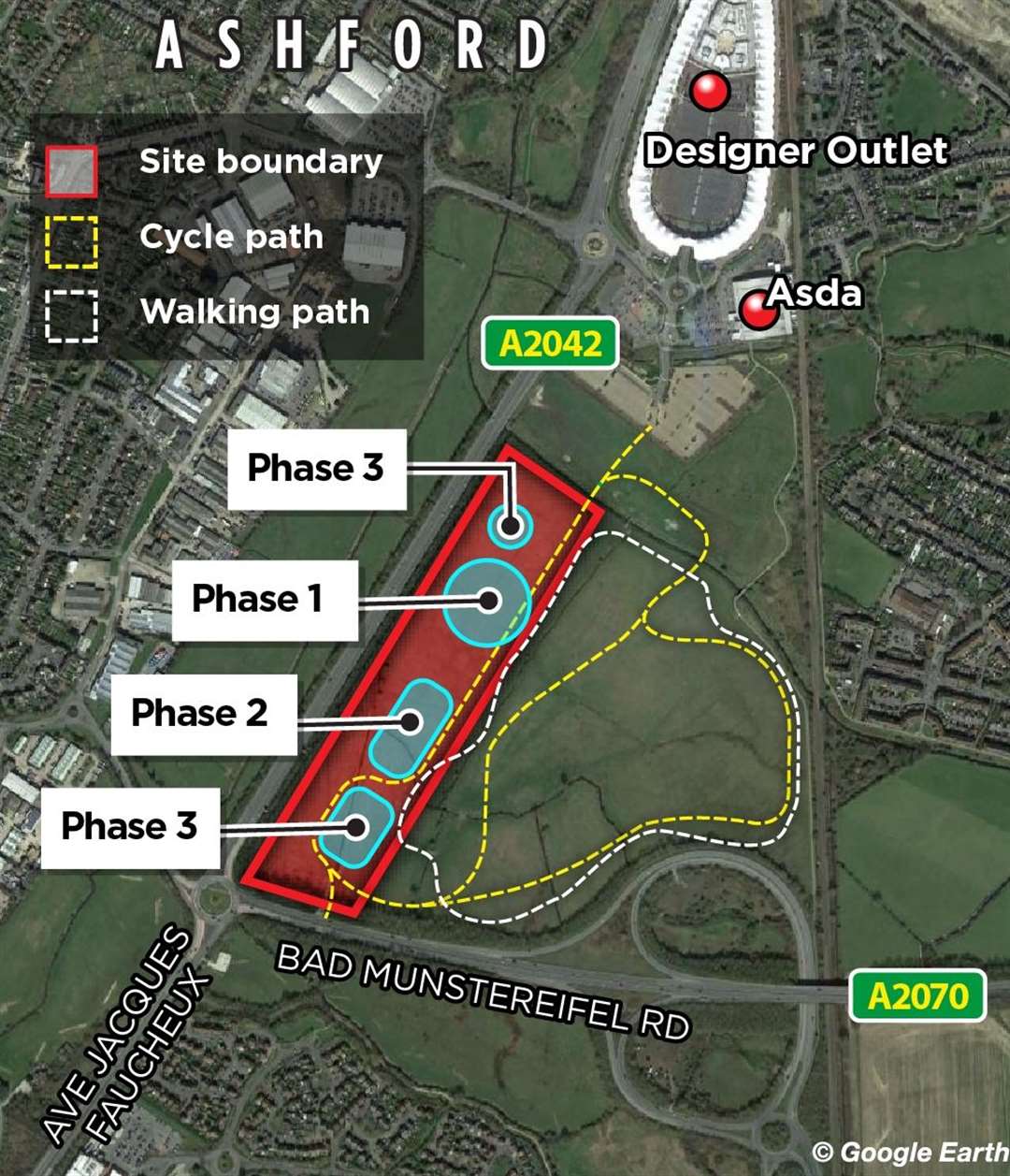 If approved, the Brompton factory in Ashford is set to be built in phases along A2042 Romney Marsh Road