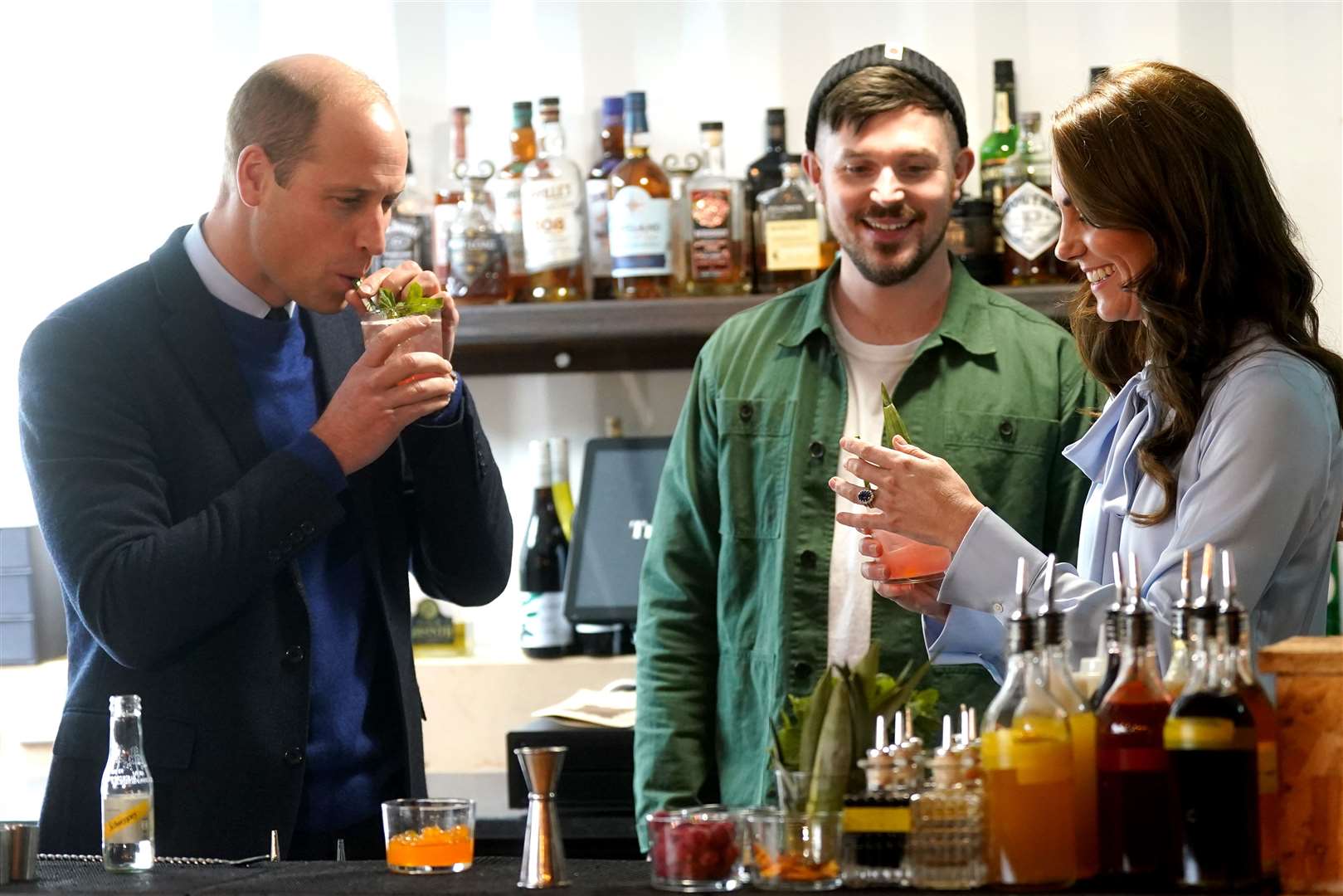 The Prince and Princess of Wales tasting drinks after a cocktail making competition during a visit to Trademarket (Brian Lawless/PA)