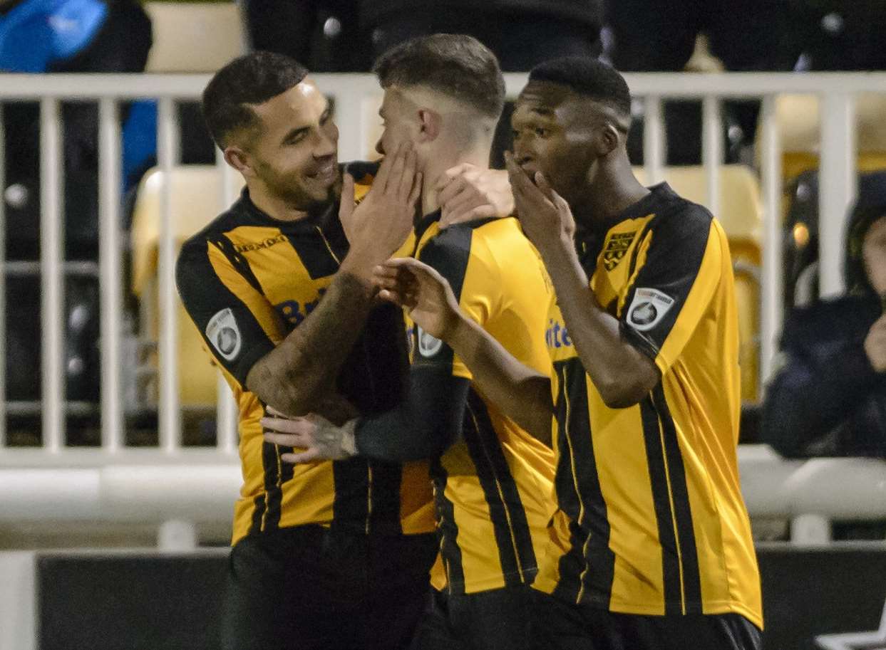 Jack Paxman, centre, celebrates his goal Picture: Andy Payton