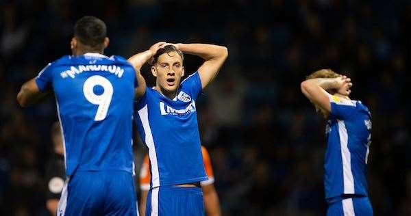 Alfie Jones reacts as Mikael Mandron goes close to winning it at the death for Gillingham Picture: Ady Kerry (15543481)