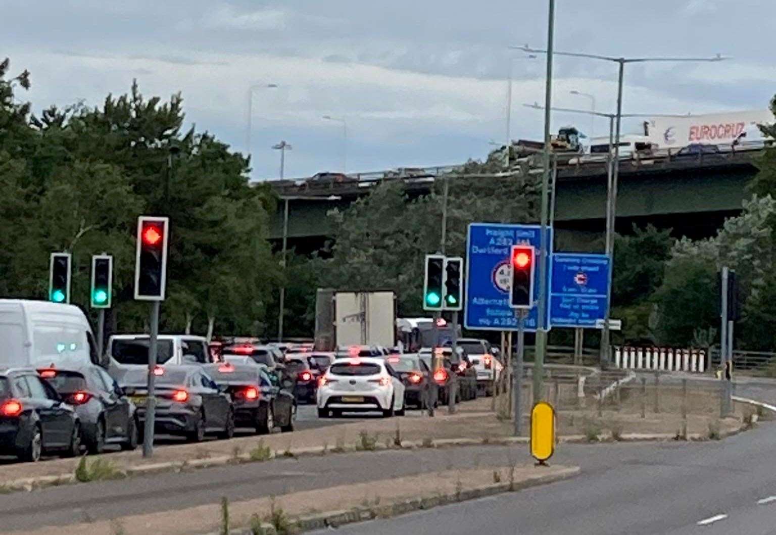 There are queues along the A206 Crossways Boulevard heading towards the Dartford Tunnel, after traffic was stopped in both directions on the other side. Picture: Garry Turner