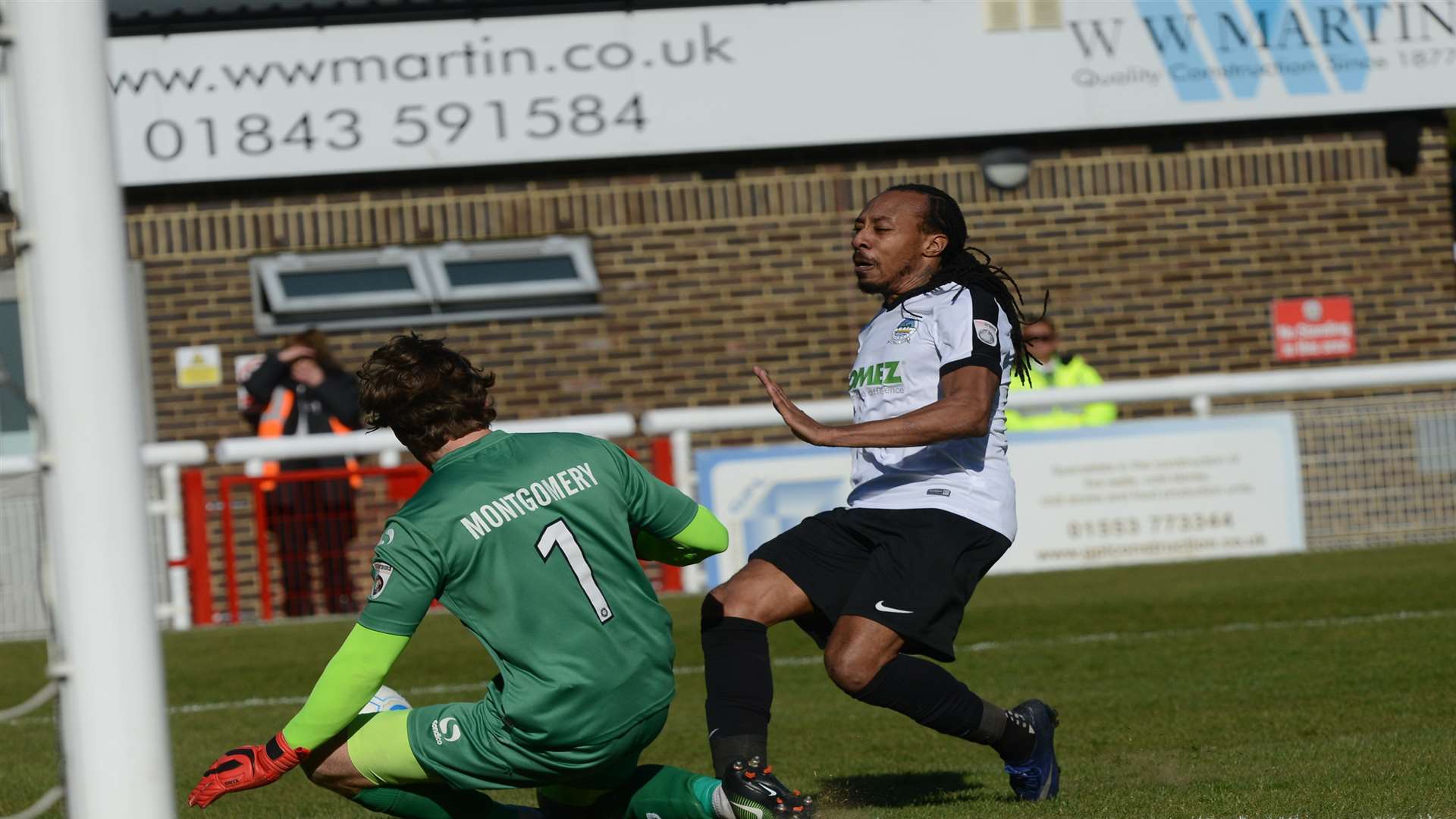 Gateshead keeper James Montgomery saves with his feet from Dover's Ricky Modeste Picture: Gary Browne