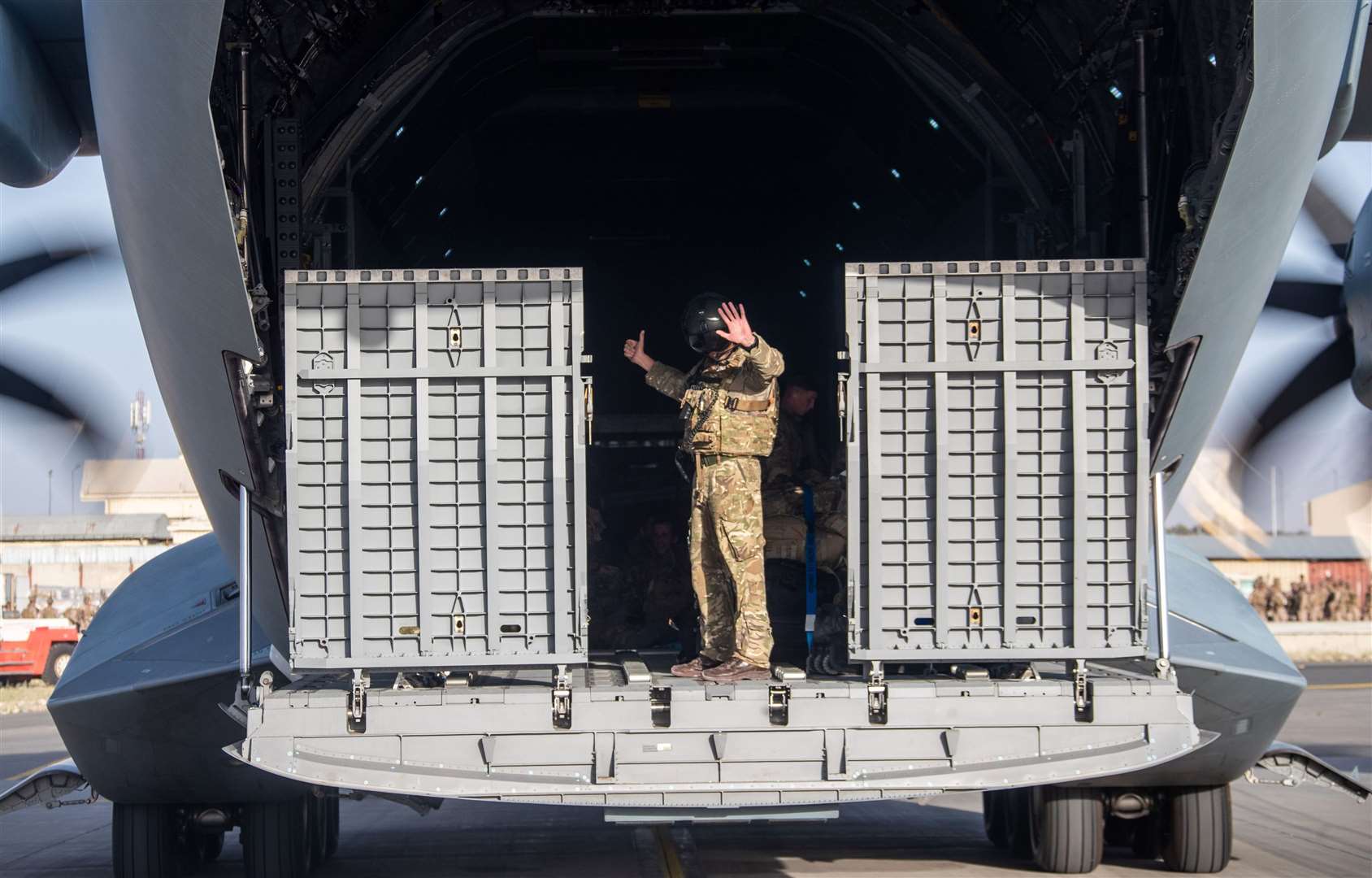 UK military personnel onboard a A400M aircraft departing Kabul, Afghanistan (Jonathan Gifford/MoD)