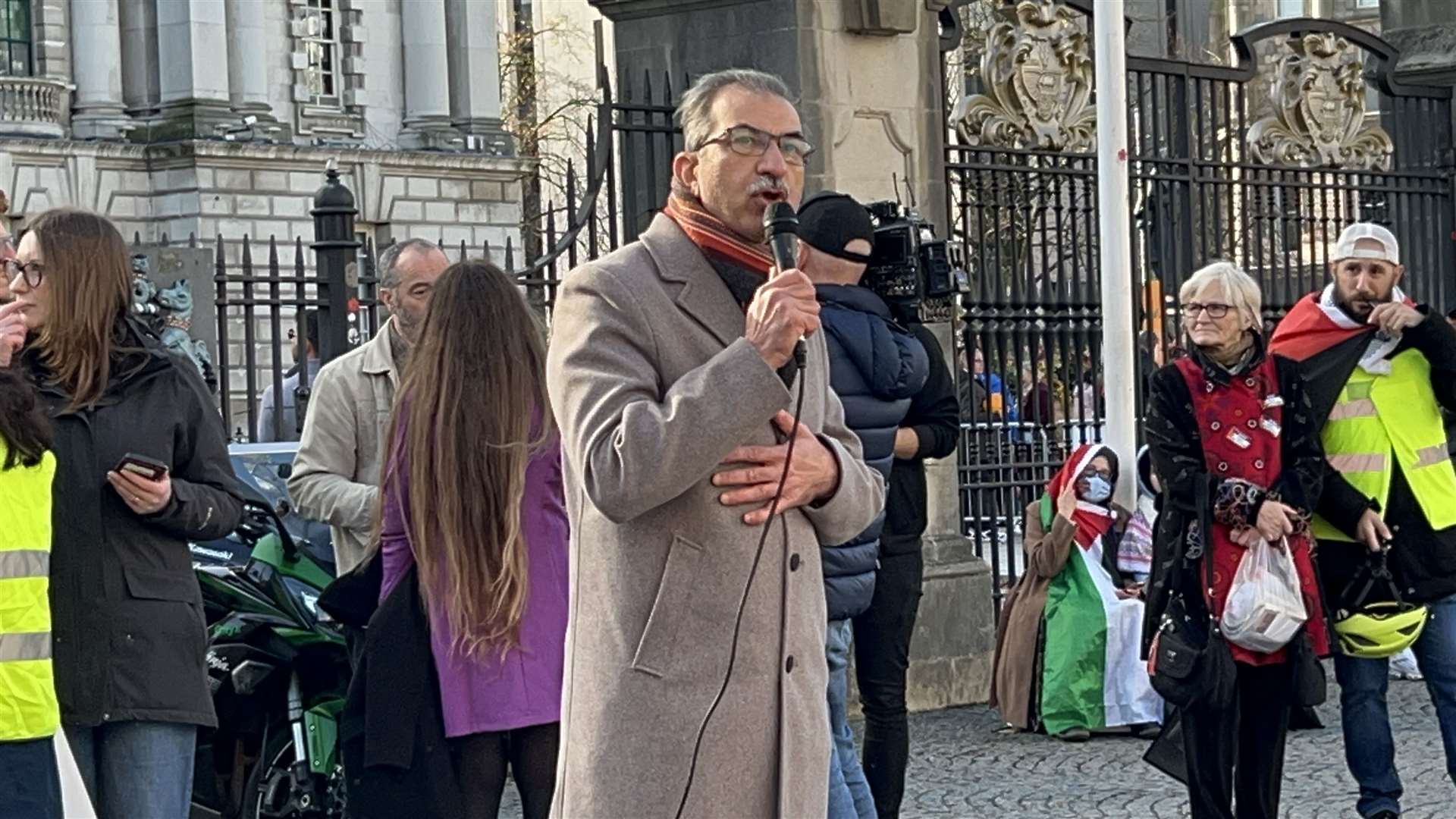 Raied Al-Wazzan, a member of the Muslim community in Northern Ireland addresses an anti-racism rally in Belfast city centre on Saturday (Rebecca Black/PA)