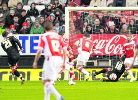 Jon Macken scores Barnsley's opening goal. Picture: Barry Goodwin