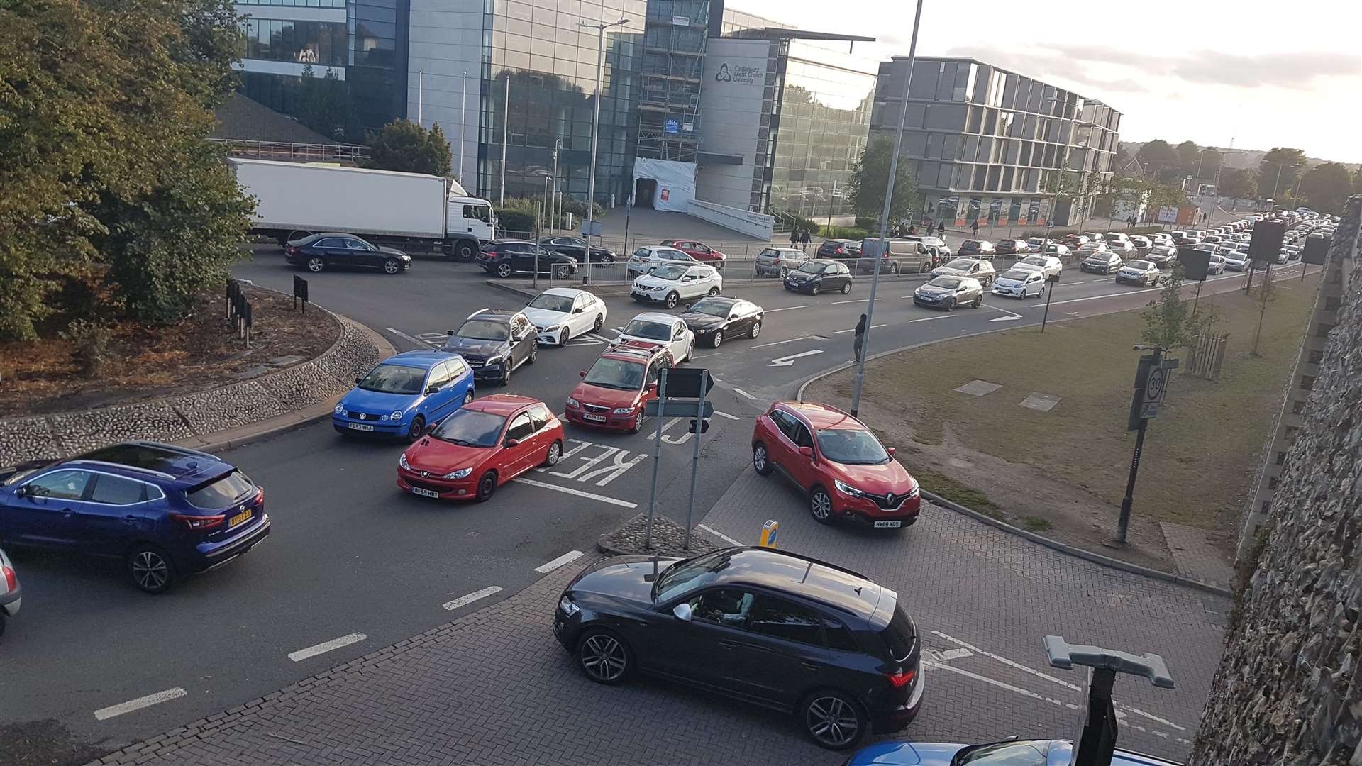 The Riding Gate roundabout in Canterbury snarled up in all directions