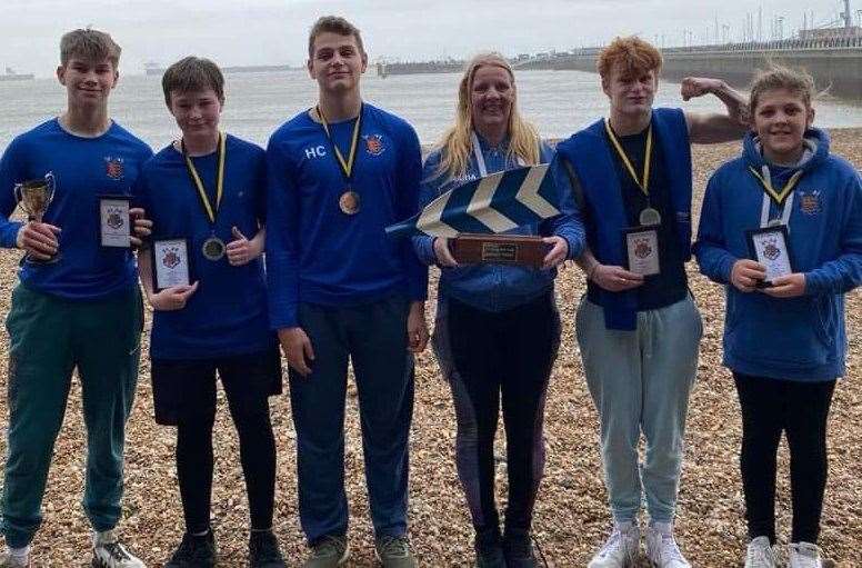 Captain's award winners Oliver White, Sonny Hart, Henry Cox and Artie Everington-Nee, alongside most-improved junior Josh Grassby with club captain Maria West-Burrows