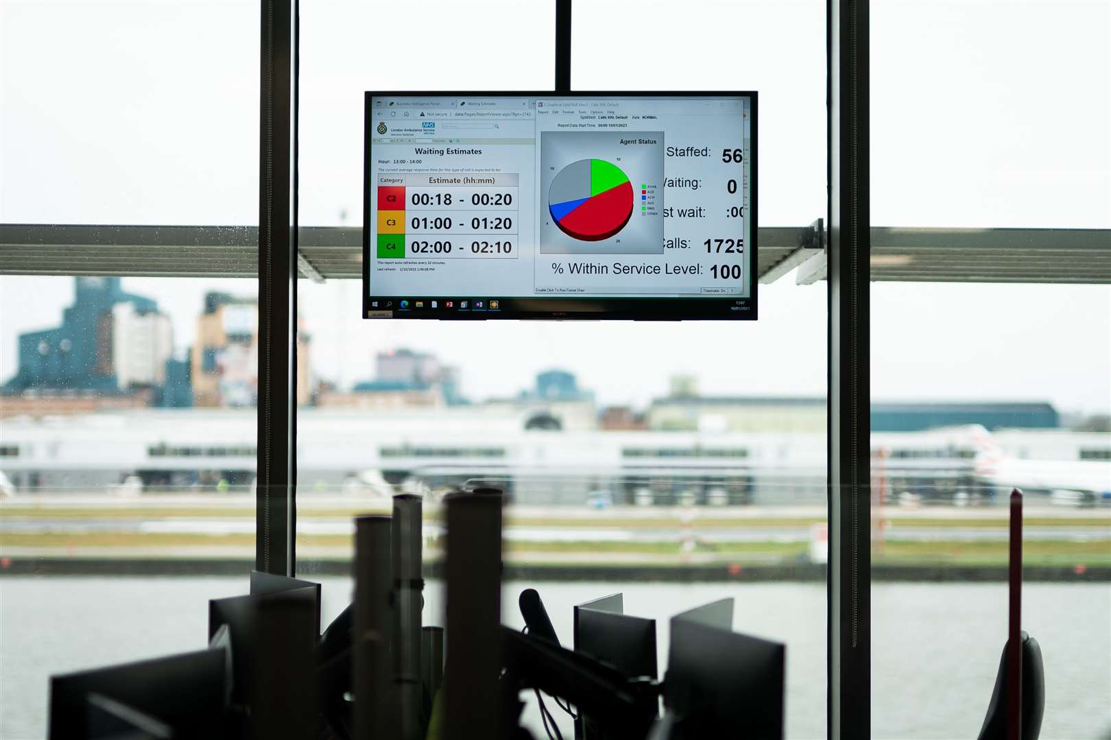 An ambulance wait time screen on display at the LAS emergency operations centre in Newham, east London (Aaron Chown/PA)