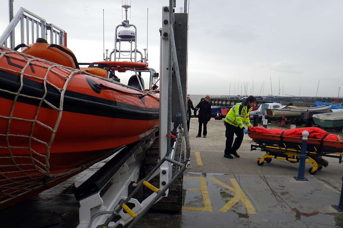 The man is helped on a stretcher after the rescue. Picture: Whitstable Lifeboat