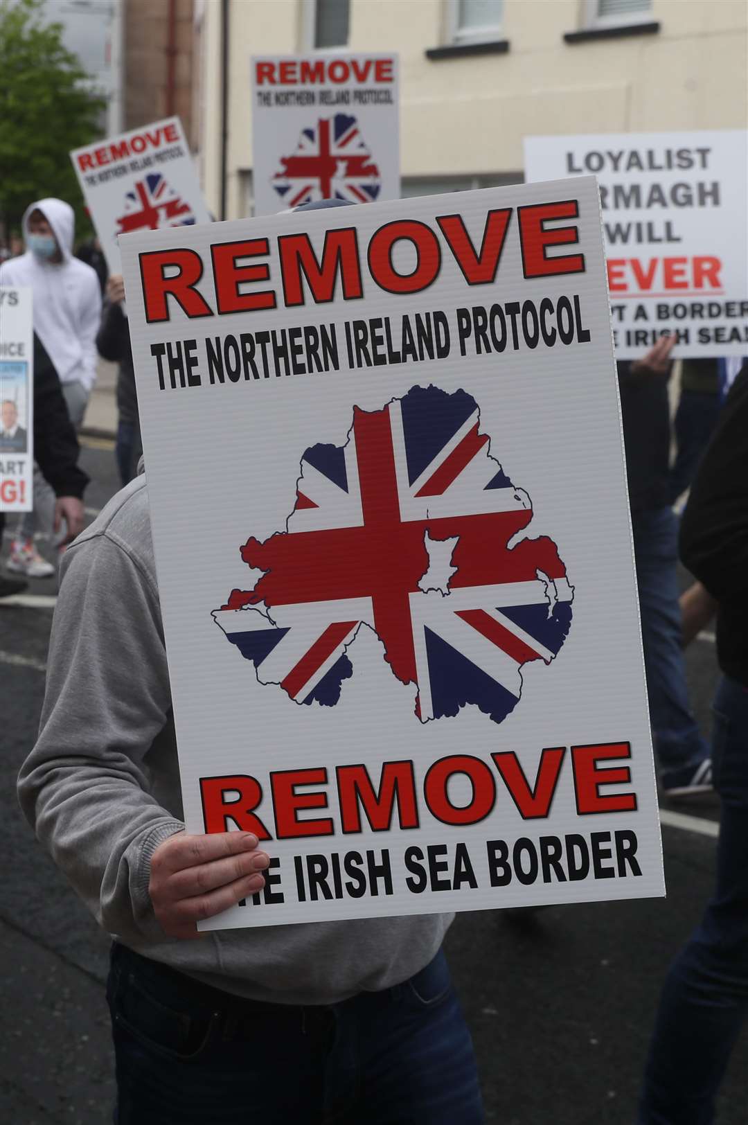 Loyalists take part in an anti-Northern Ireland Protocol rally in Portadown on Saturday (Brian Lawless/PA)